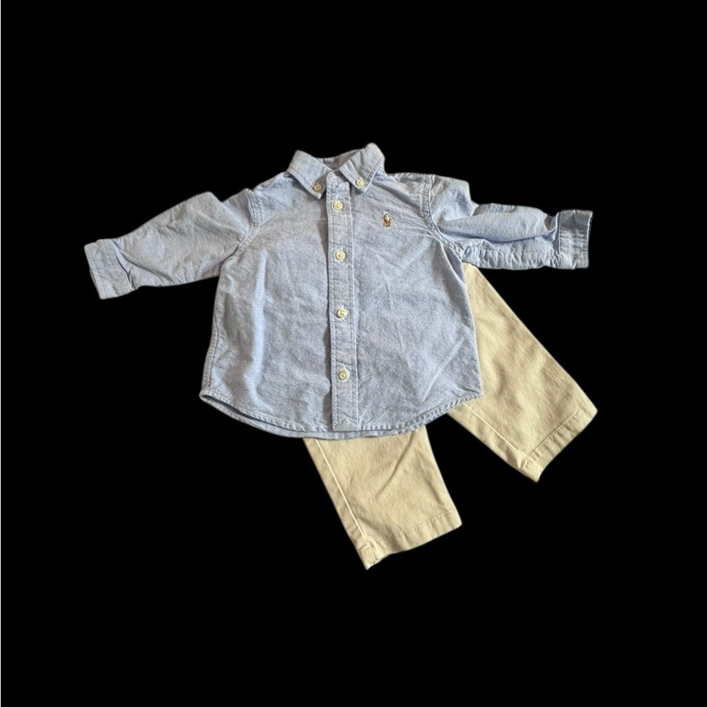 2 pc Infant boy outfit, blue shirt, tan pants